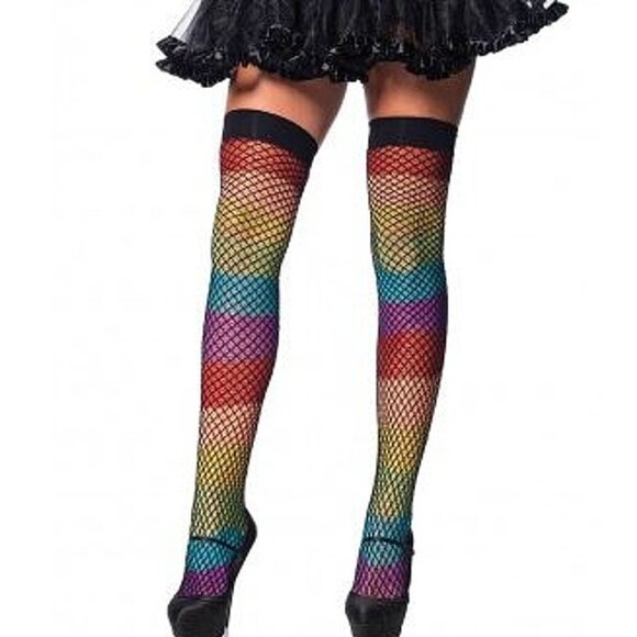 Double Layer Rainbow Fishnet Thigh High Stockings – Festival Rave One Size - Picture 3 of 5